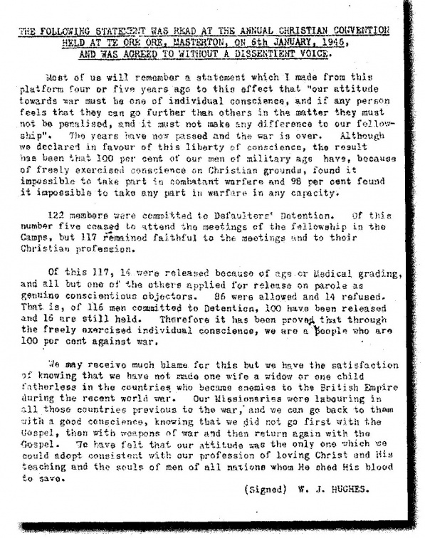 1946 Jan6 Masterton NZ Statement by W J Hughes