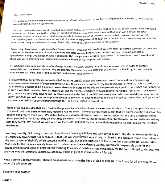 Doyle Smith letter about Dean Bruer