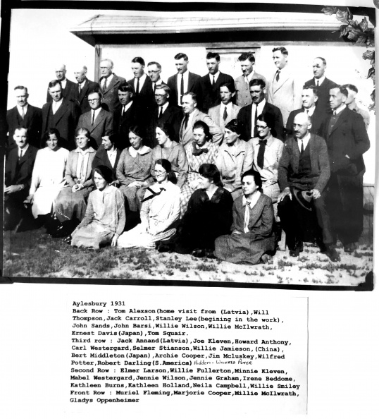 Two couples in this photo were married Worker couples:
Willie McIlwrath and Millie McIlwrath
and
Minnie Kleven and Joe Kleven
Willie Smiley was overseer for Saskatchewan from 1932-1972 SK 1931 Aylesbury.jpg
