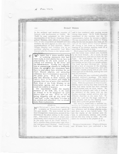May 1903 Bright Words, Faith Mission's monthly publication,
announcing they are not associated with William Irvine or his fellow workers. BrightWrdsMay1903.jpg